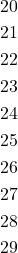 \begin{equation*}\begin{split}20\\21\\22\\23\\24\\25\\26\\27\\28\\29\end{split}\end{equation*}